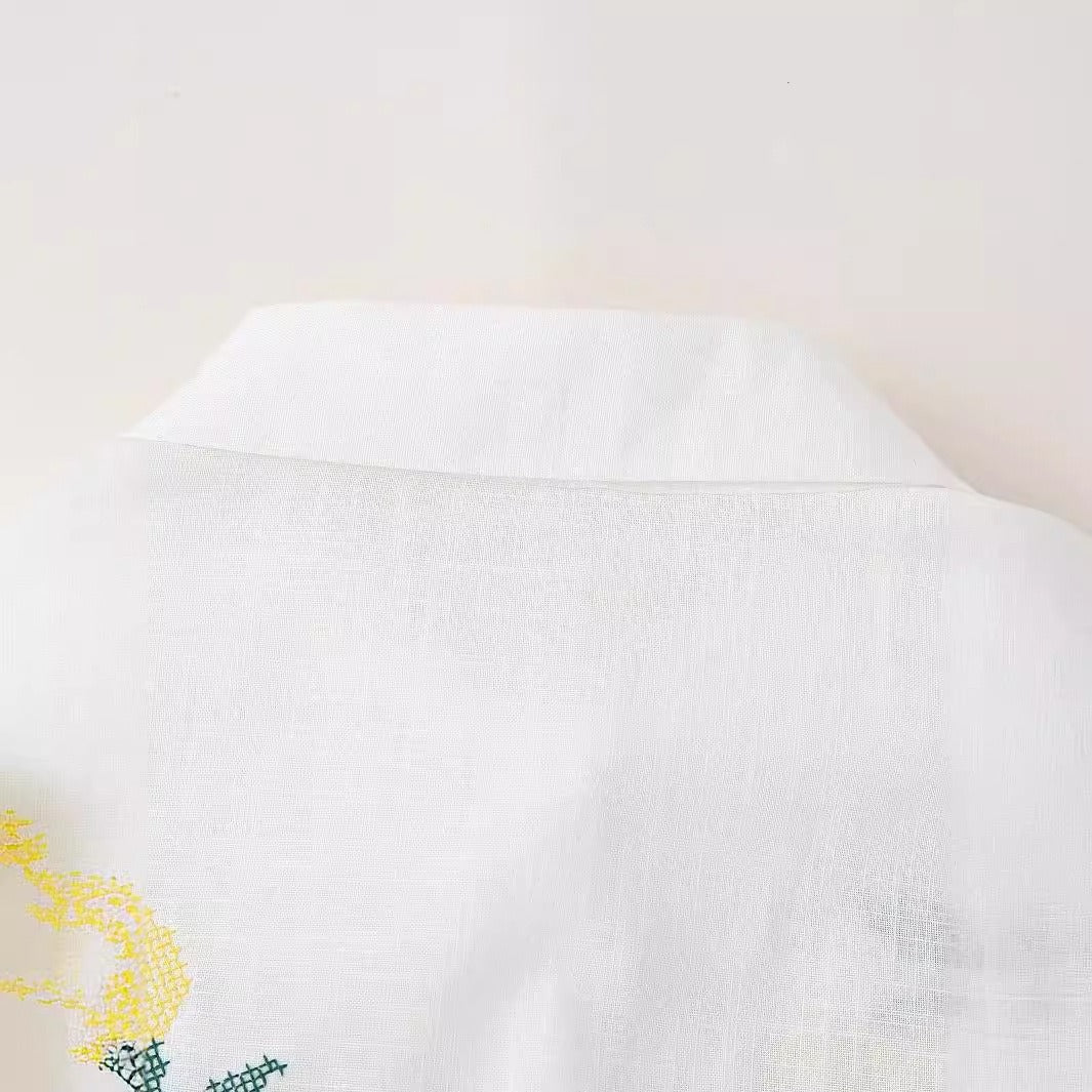 Women's Lemon Embroidered White Cotton Linen Shirt
