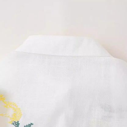 Women's Lemon Embroidered White Cotton Linen Shirt