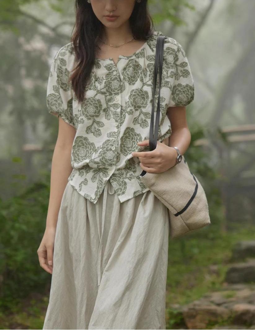 Cotton Linen Cut-out Round Neck Shirt Women Summer Puff Sleeve Top
