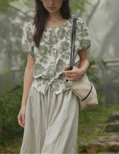 Cotton Linen Cut-out Round Neck Shirt Women Summer Puff Sleeve Top