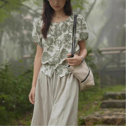 Cotton Linen Cut-out Round Neck Shirt Women Summer Puff Sleeve Top