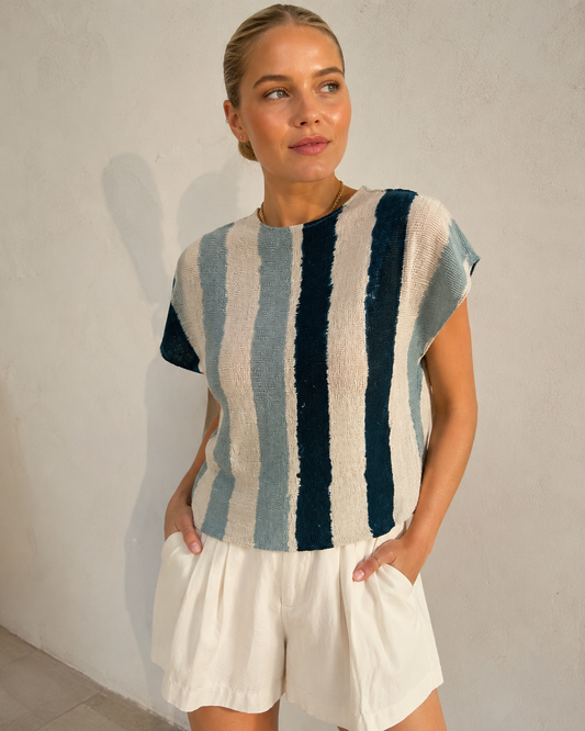 Women's Miyake-Style Pleated Striped T-Shirt
