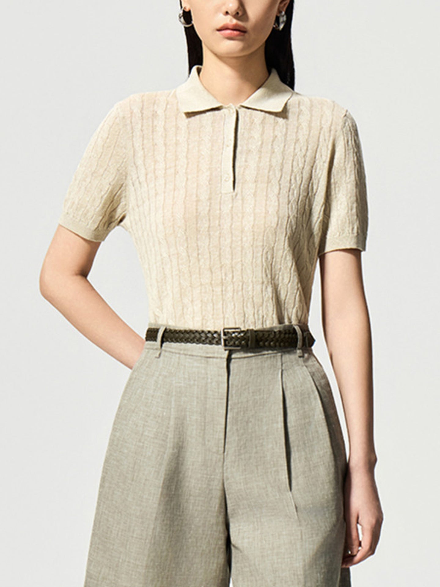 Vintage Preppy Style Polo Neck Linen Knit Short Sleeve Top for Women, Lightweight Spring/Summer Wear