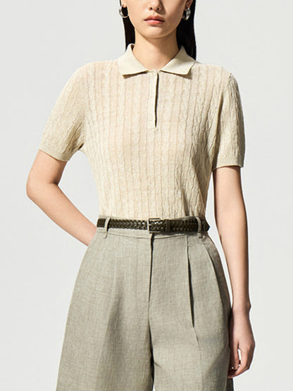 Vintage Preppy Style Polo Neck Linen Knit Short Sleeve Top for Women, Lightweight Spring/Summer Wear