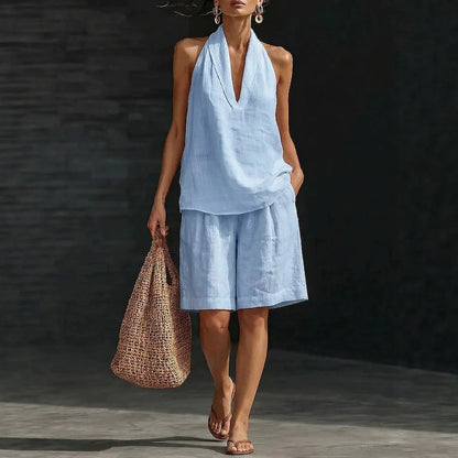 Casual Linen Cotton Vest and Shorts Set for Women, Fashionable Loose Fit, Spring and Summer Style