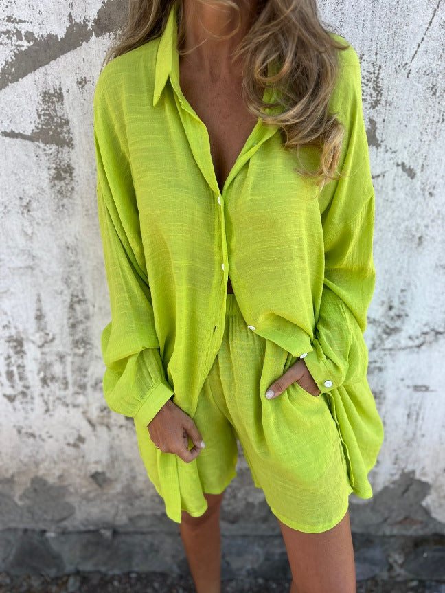 Casual Solid Color Cotton Linen Shorts with Long Sleeve Wrinkled Shirt Two-Piece Set for Women