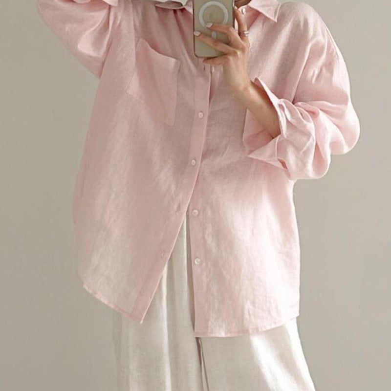Long Sleeve Shirt for Women Lightweight Cotton-Linen Breathable Summer Blouse