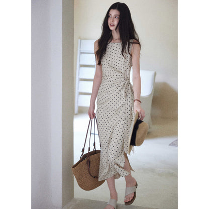 Polka Dot Dress with Side Waist Cinch Linen-Cotton Fabric Long Dress for Women