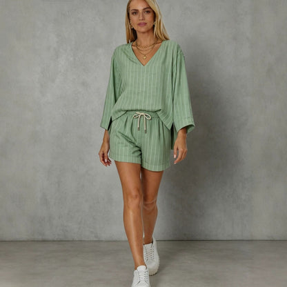 Women's Striped V-Neck Lounge Co-Ord Set