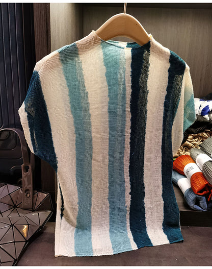 Summer Miyake Simple Striped Print Pleated T-shirt Casual Elegant Office Ladies Women's T-shirt Women Clothing
