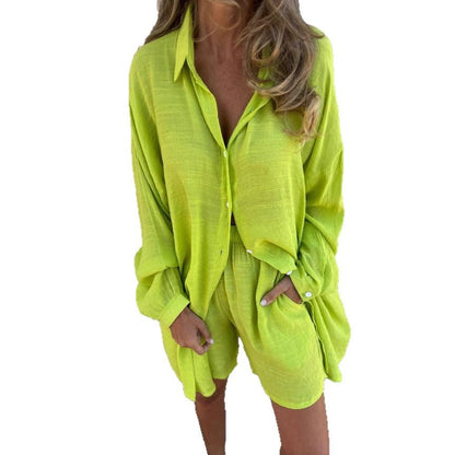 Casual Solid Color Cotton Linen Shorts with Long Sleeve Wrinkled Shirt Two-Piece Set for Women