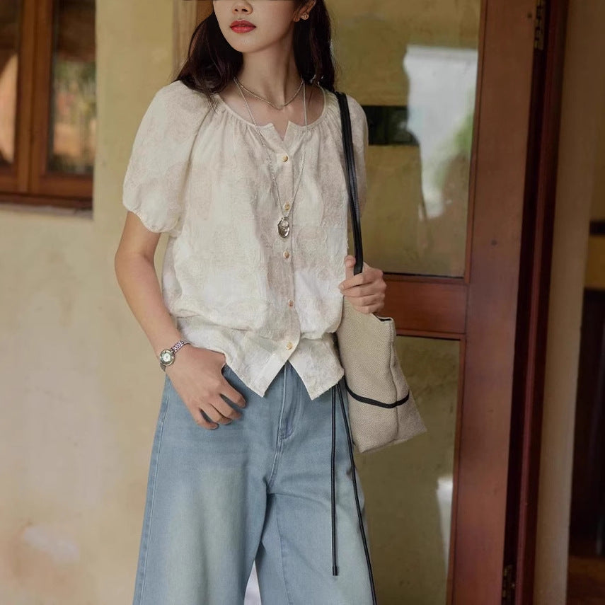 Cotton Linen Cut-out Round Neck Shirt Women Summer Puff Sleeve Top