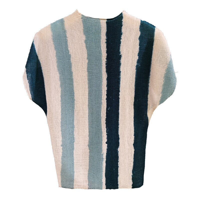 Summer Miyake Simple Striped Print Pleated T-shirt Casual Elegant Office Ladies Women's T-shirt Women Clothing