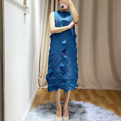 Summer New Women Sleeveless Dress Miyak Pleated Fashion Design Solid Loose Stand Collar Female Dresses