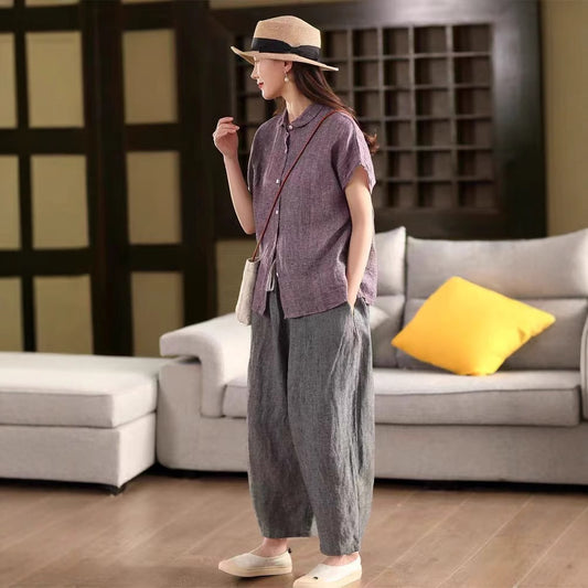 Vintage Color-Woven Linen Shirt with Peter Pan Collar and Single-Breasted Design for Spring and Summer