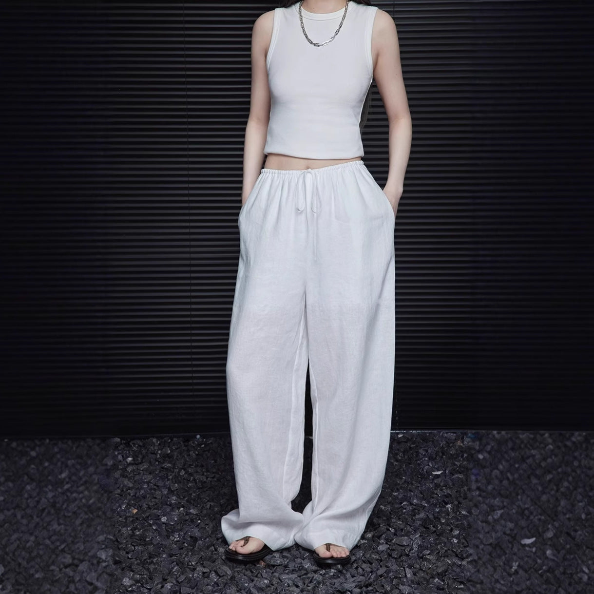 White Linen Wide Leg Pants Women Summer Loose Thin High Waist Flowy Casual Straight Leg Pants