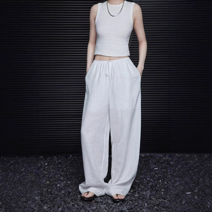 White Linen Wide Leg Pants Women Summer Loose Thin High Waist Flowy Casual Straight Leg Pants