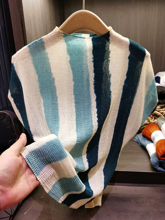 Summer Miyake Simple Striped Print Pleated T-shirt Casual Elegant Office Ladies Women's T-shirt Women Clothing