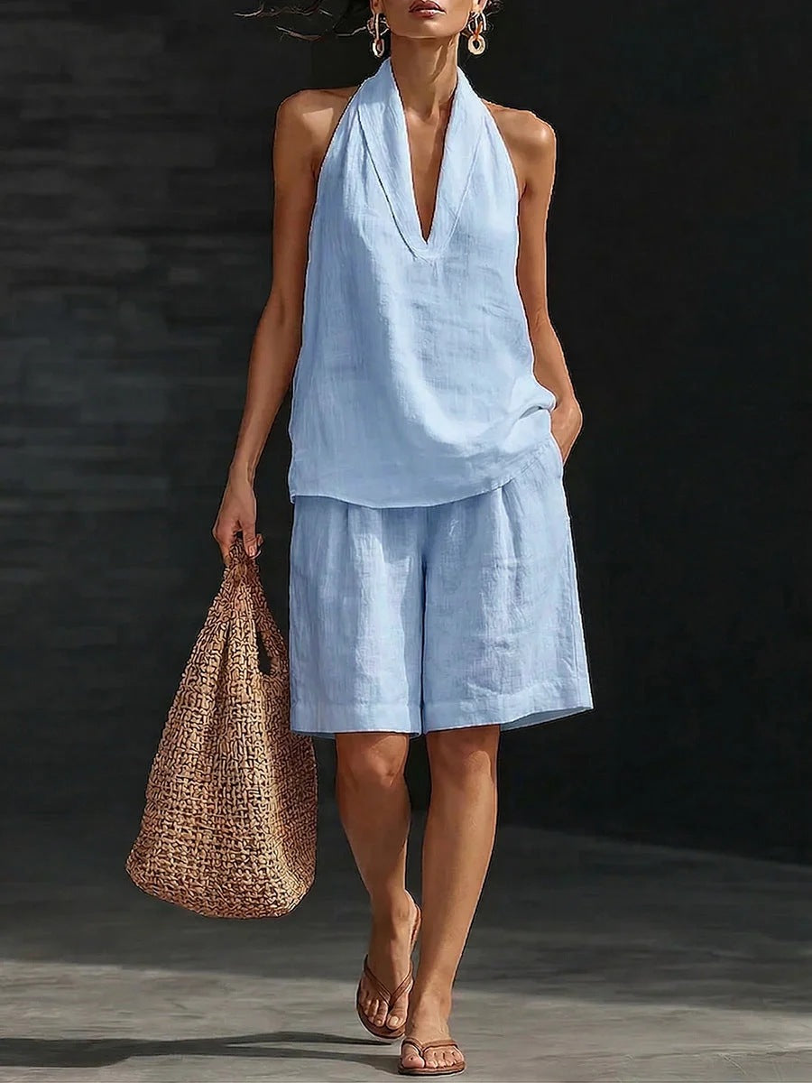 Casual Linen Cotton Vest and Shorts Set for Women, Fashionable Loose Fit, Spring and Summer Style