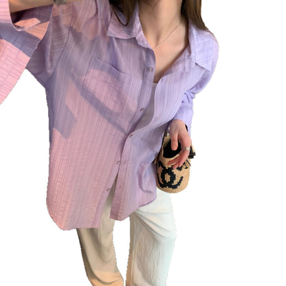 Linen Texture Loose Long Sleeve Shirt for Women  Casual Lightweight Outerwear Sun Protection Blouse