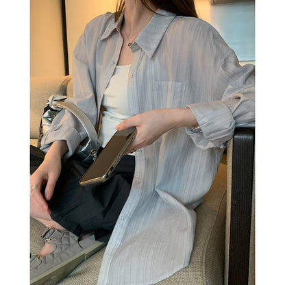 Linen Texture Loose Long Sleeve Shirt for Women  Casual Lightweight Outerwear Sun Protection Blouse