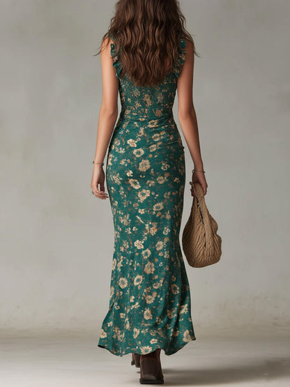 2026 New Amazon Independent Site Bohemian Retro Ruffled Sleeveless High-Slit Dress