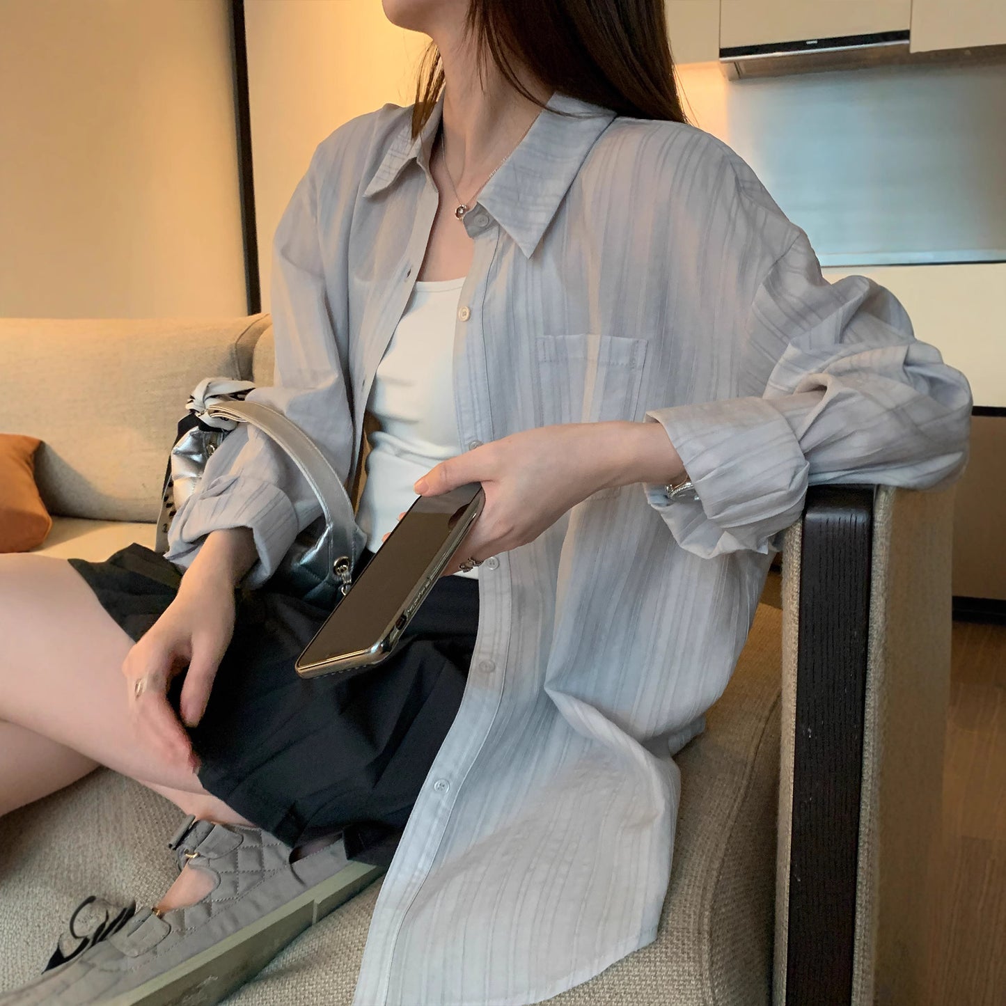 Linen Texture Loose Long Sleeve Shirt for Women  Casual Lightweight Outerwear Sun Protection Blouse
