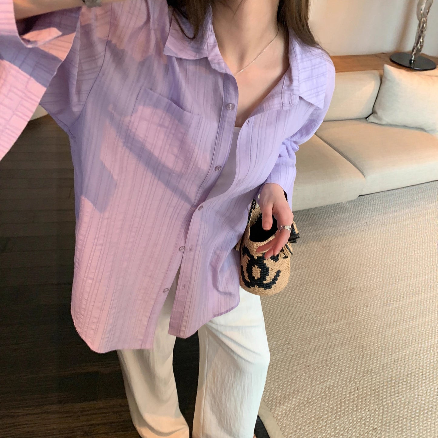 Linen Texture Loose Long Sleeve Shirt for Women  Casual Lightweight Outerwear Sun Protection Blouse