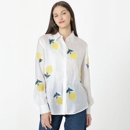 Women's Lemon Embroidered White Cotton Linen Shirt