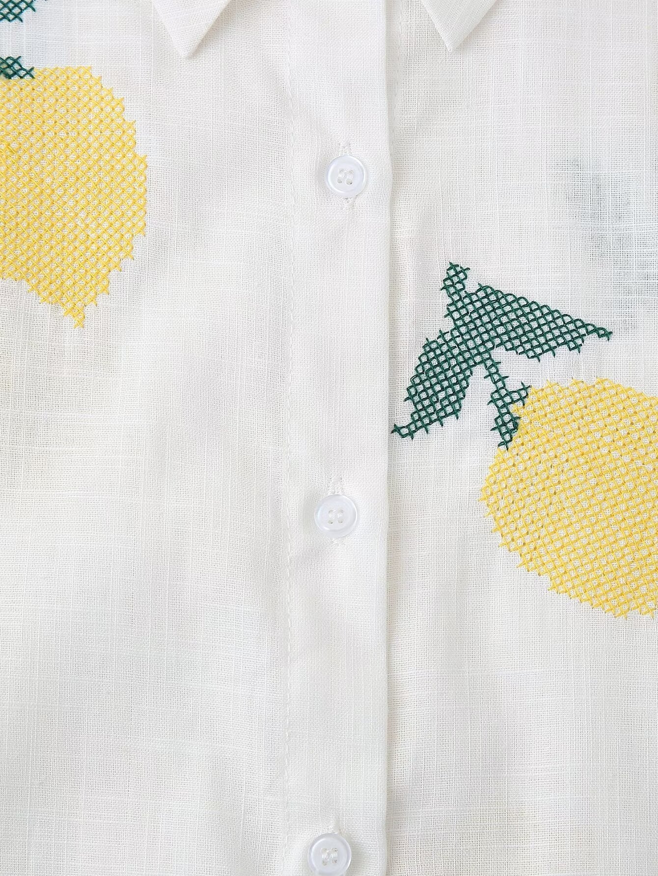 Women's Lemon Embroidered White Cotton Linen Shirt