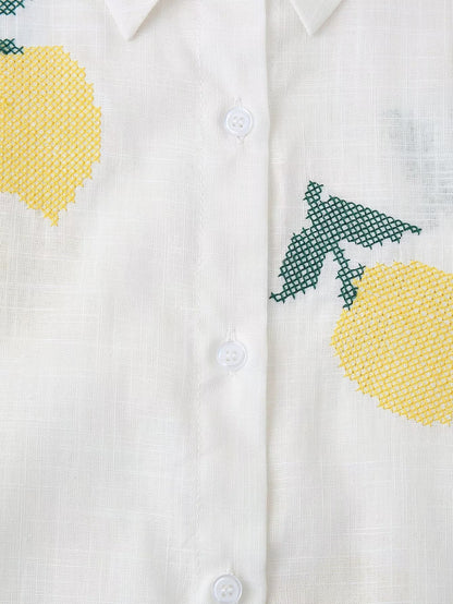 Women's Lemon Embroidered White Cotton Linen Shirt