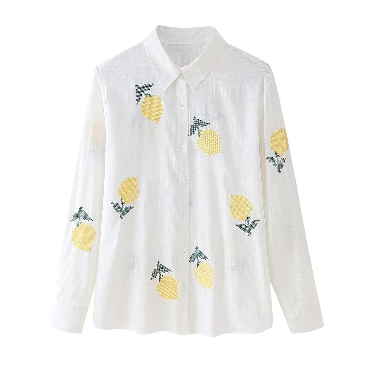 Women's Lemon Embroidered White Cotton Linen Shirt