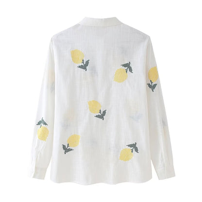 Women's Lemon Embroidered White Cotton Linen Shirt