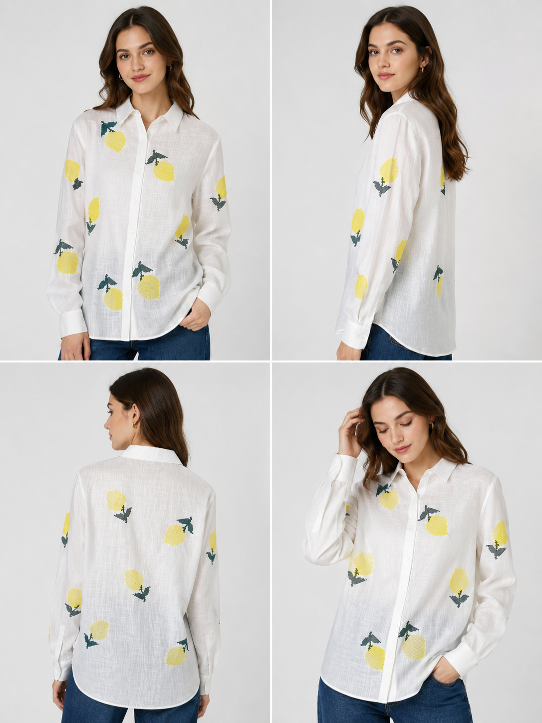 Women's Lemon Embroidered White Cotton Linen Shirt