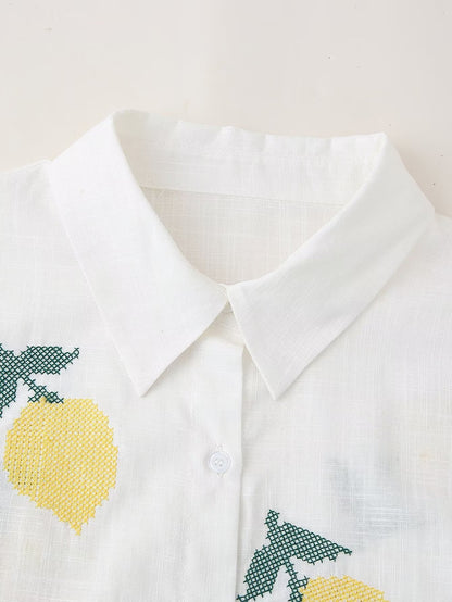 Women's Lemon Embroidered White Cotton Linen Shirt