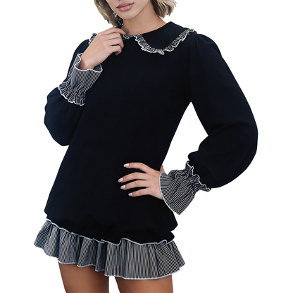 Women's Peter Pan Collar Ruffle Hem Long Sleeve Dress