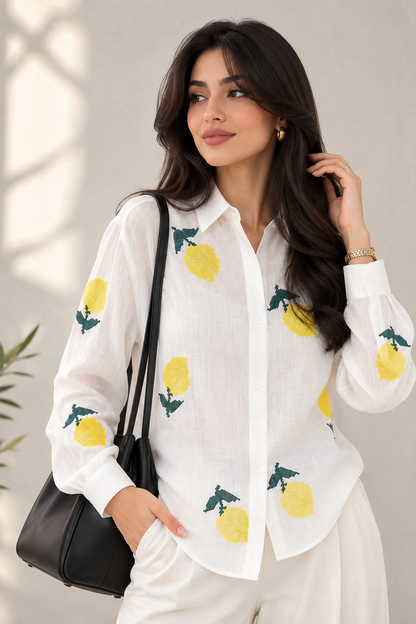 Women's Lemon Embroidered White Cotton Linen Shirt